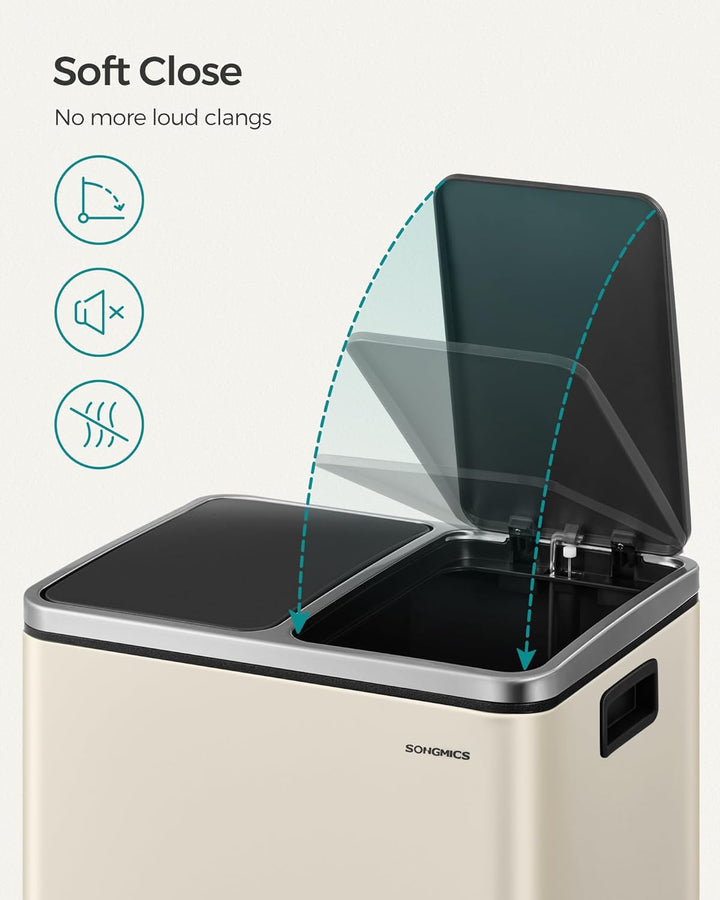 Affaldsspand, 2 x 15 l dobbelt spand til genbrug og affald, pedalsand, 15 poser inkluderet, indvendige spande, soft close til små familier, stål, sandbeige og blæksort
