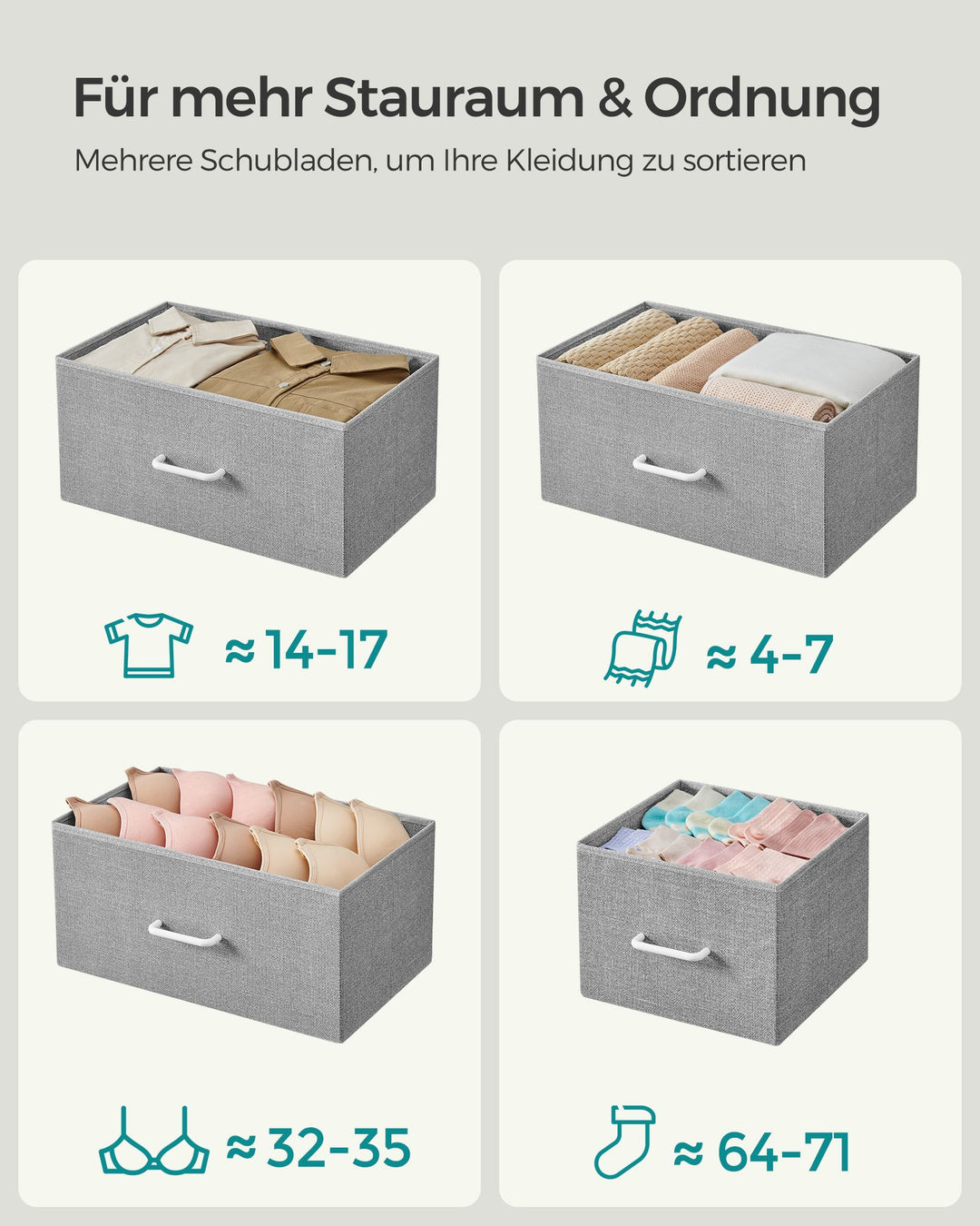 Kommode, soveværelsesmøbel, 7 stofskuffer med håndtag, metalstel, grå og hvid