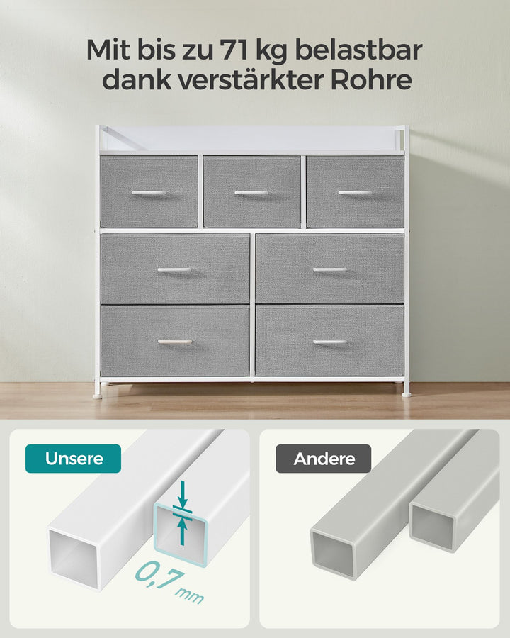 Kommode, soveværelsesmøbel, 7 stofskuffer med håndtag, metalstel, grå og hvid