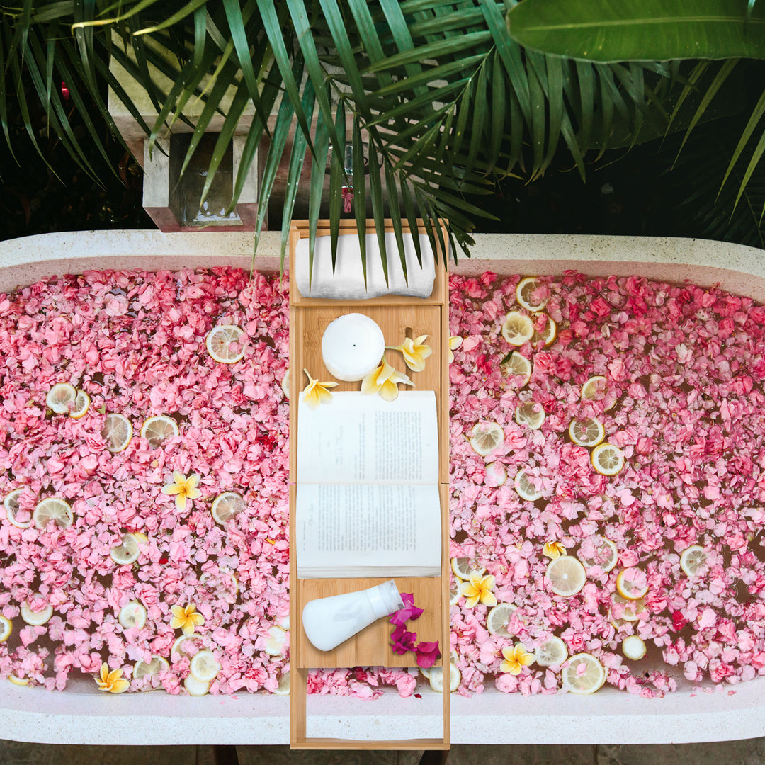 Badekarshylde badekarsbro  badekarsstøtte badekarsbakke, bambus, naturfarvet, (70-105) x 21,8 x 5 cm