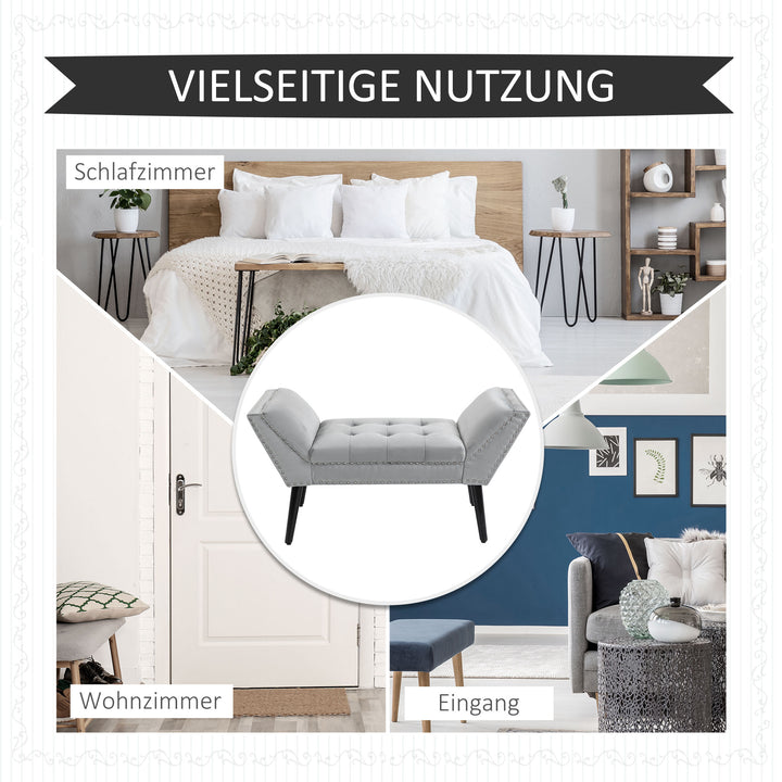 Polstret bænk klaverbænk med fløjlslook sengebænk til soveværelse, stue, entré, gummitræ lysegrå 114 x 46 x 56 cm