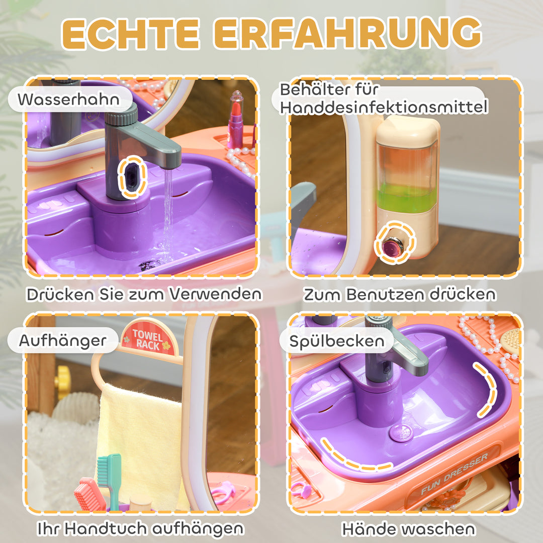 Børne-sminkebord med led-spejl, musik, vandhane, akrylspejl, lilla, 55 x 29 x 71 cm