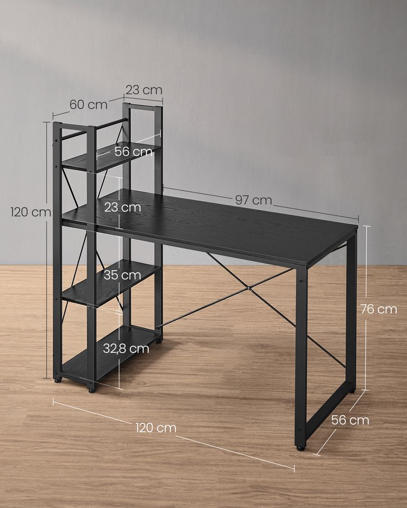 Computerbord / skrivebord med hylder, let at samle, D56 x B120 x H120 cm, sort