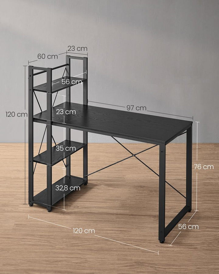 Computerbord / skrivebord med hylder, let at samle, D56 x B120 x H120 cm, sort