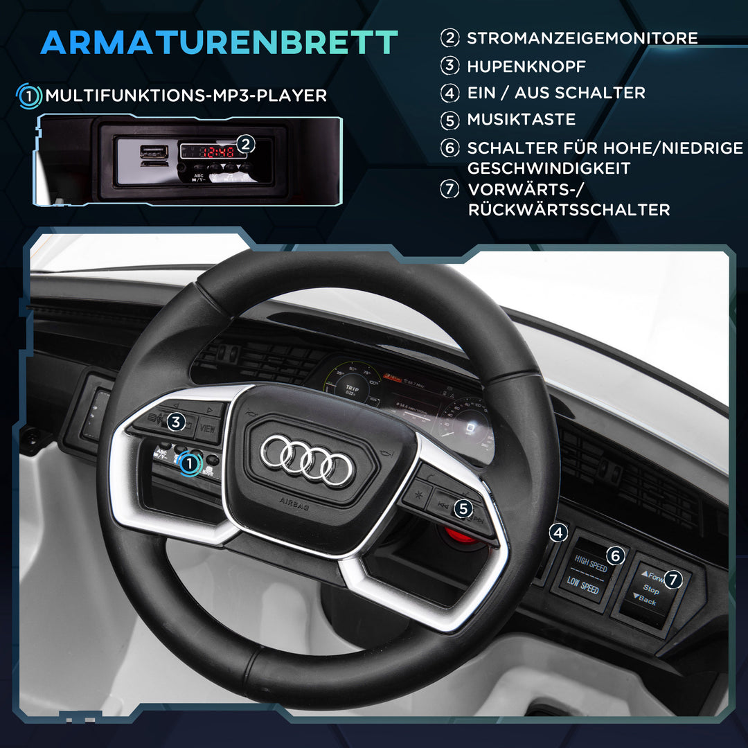 Elektrisk børnebil 12v elbil audi e-tron elbil med fjernbetjening, sikkerhedssele, musik (mp3/usb/tf), børnebil til børn 3-5 år, 3-5 km/t, hvid