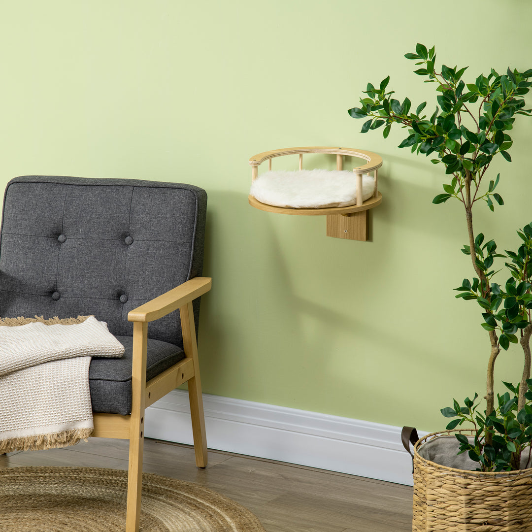 Vægliggestol, katteseng, med beskyttende kant, hynde, til vægmontering, eg + cremehvid, 34 x 34 x 10,5 cm