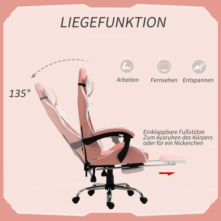 Gaming chair computerstol ergonomisk kontorstol gamerstol med nakkestøtte lændehynde kontorstol højdejusterbar 360° drejelig skum kunstlæder pvc pink+hvid 64 x 67 x 119-127 cm