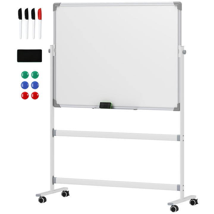 Whiteboardtavle, 120 x 90 cm, magnetisk, roterbar, mobil, inkl. tusch og svamp, metalramme, hvid