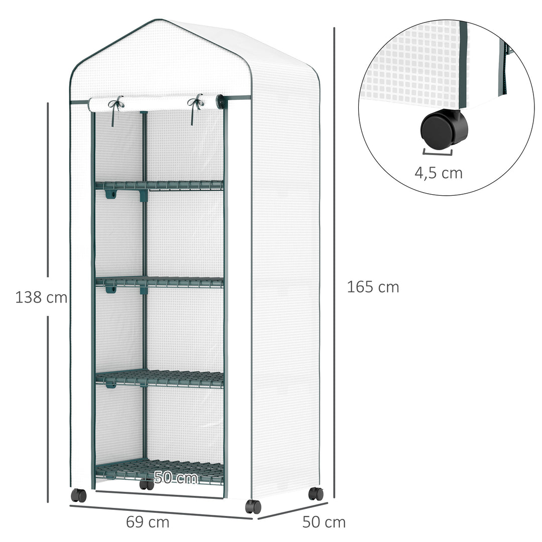 Foliedrivhus, drivhus, minidrivhus, plantehus, kold ramme, 4 hylder, 69 x 50 x 165 cm, hvid