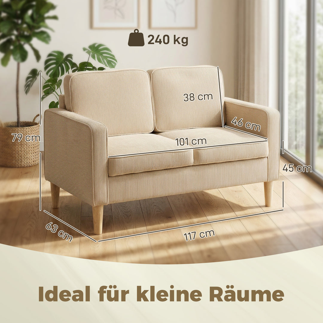 2-personers sofa med 2 puder, opbevaringsplads, ben i massivt træ, lille moderne loveseat, fløjlsbøjle, 117 x 63 x 79 cm, beige