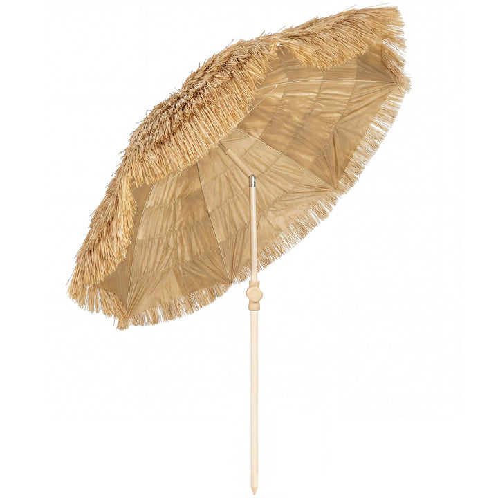 150 cm Hula stråtag Tiki strand- og haveparasol med sandanker, justerbar højde og vippefunktion, stråtagsparasol