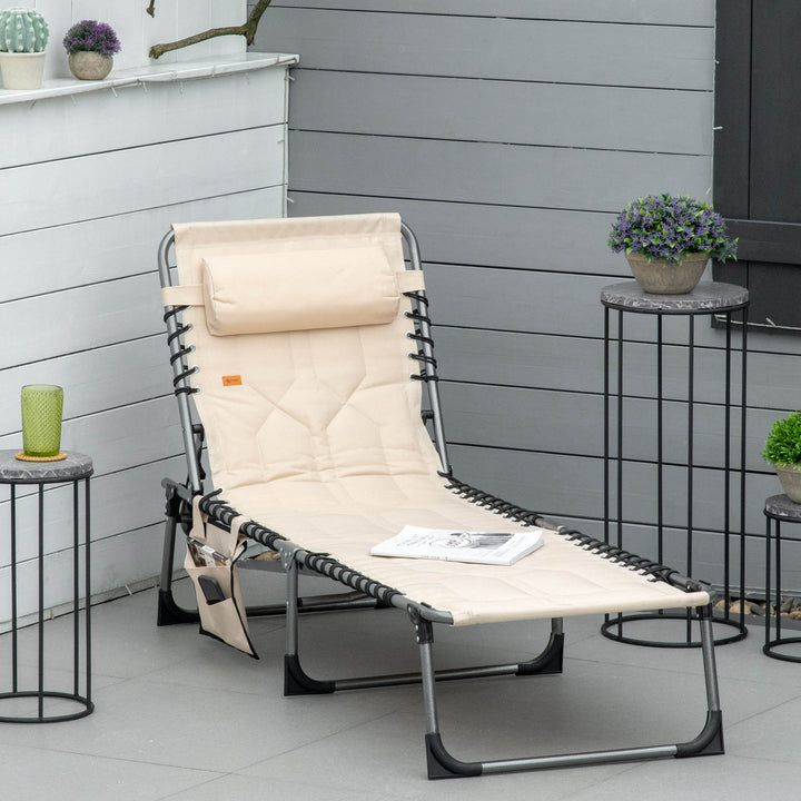 Solseng, foldbar haveliggestol, foldbar liggestol med hynde, 5-positions ryglæn, Oxfordstof, 188 x 57 x 30 cm, beige