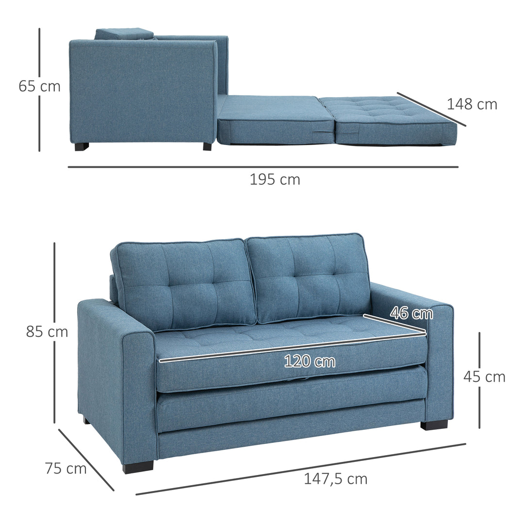 Sovesofa klapsofa 2-personers stof sovesofa sofa med sovefunktion sofasæt linen touch gummitræ blå 147,5 x 75 x 85 cm