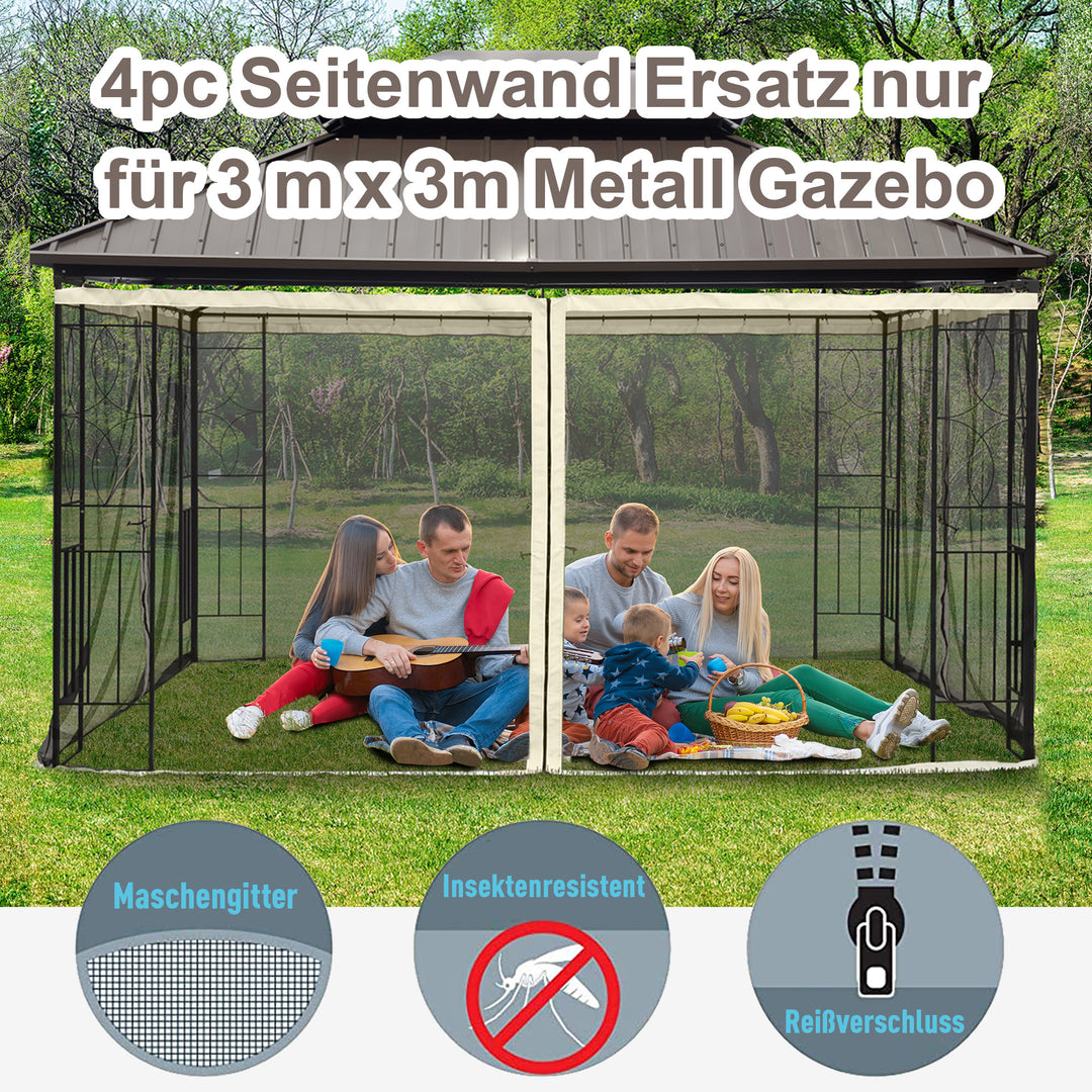 Myggenet til 3x3 pavillon, 4 sidepaneler, insektnet med kroge og lynlås, insektbeskyttelse, nylonnet, sort