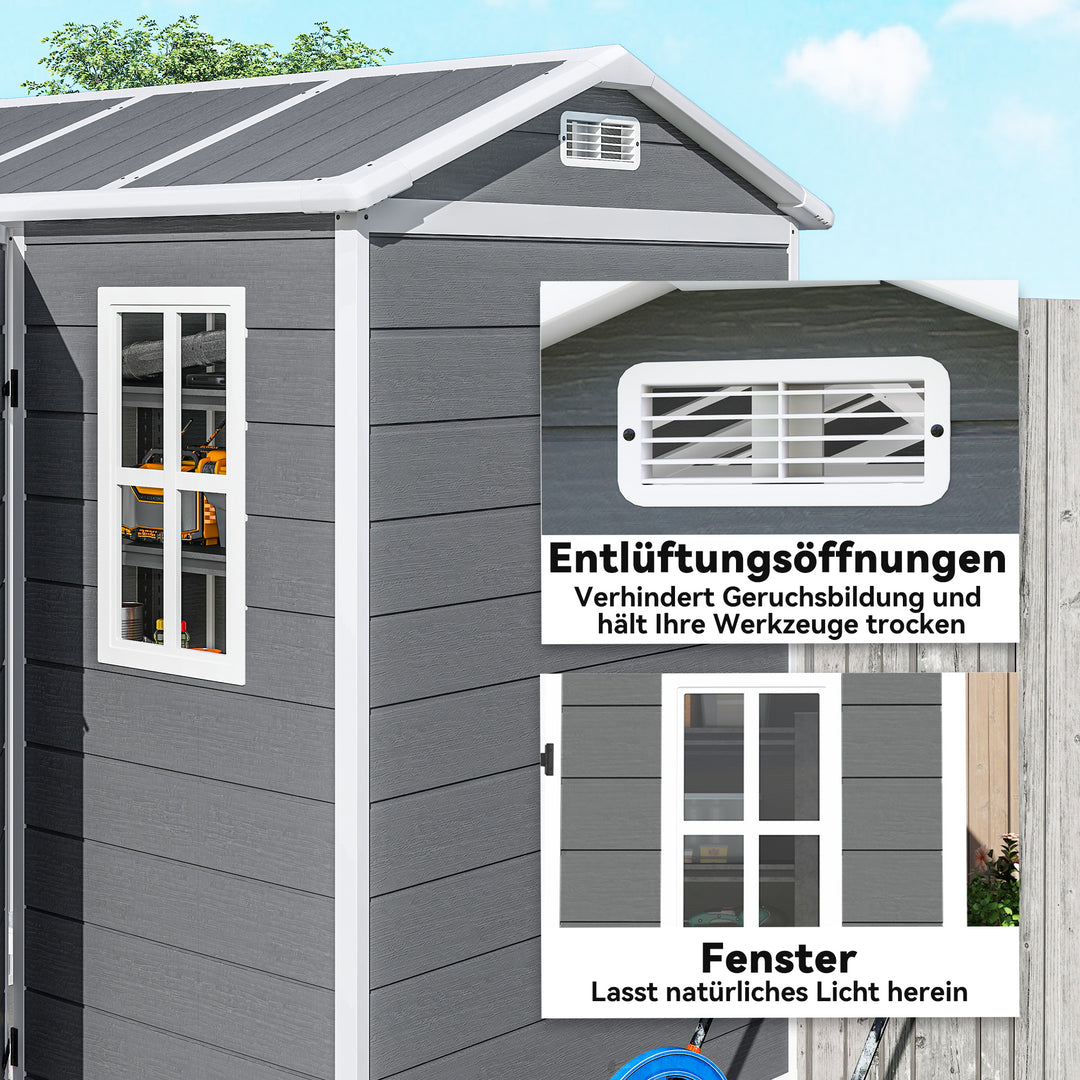 Haveskur med gulv, vindue, aflåselig dør, plastharpiks, vejrbestandig, grå