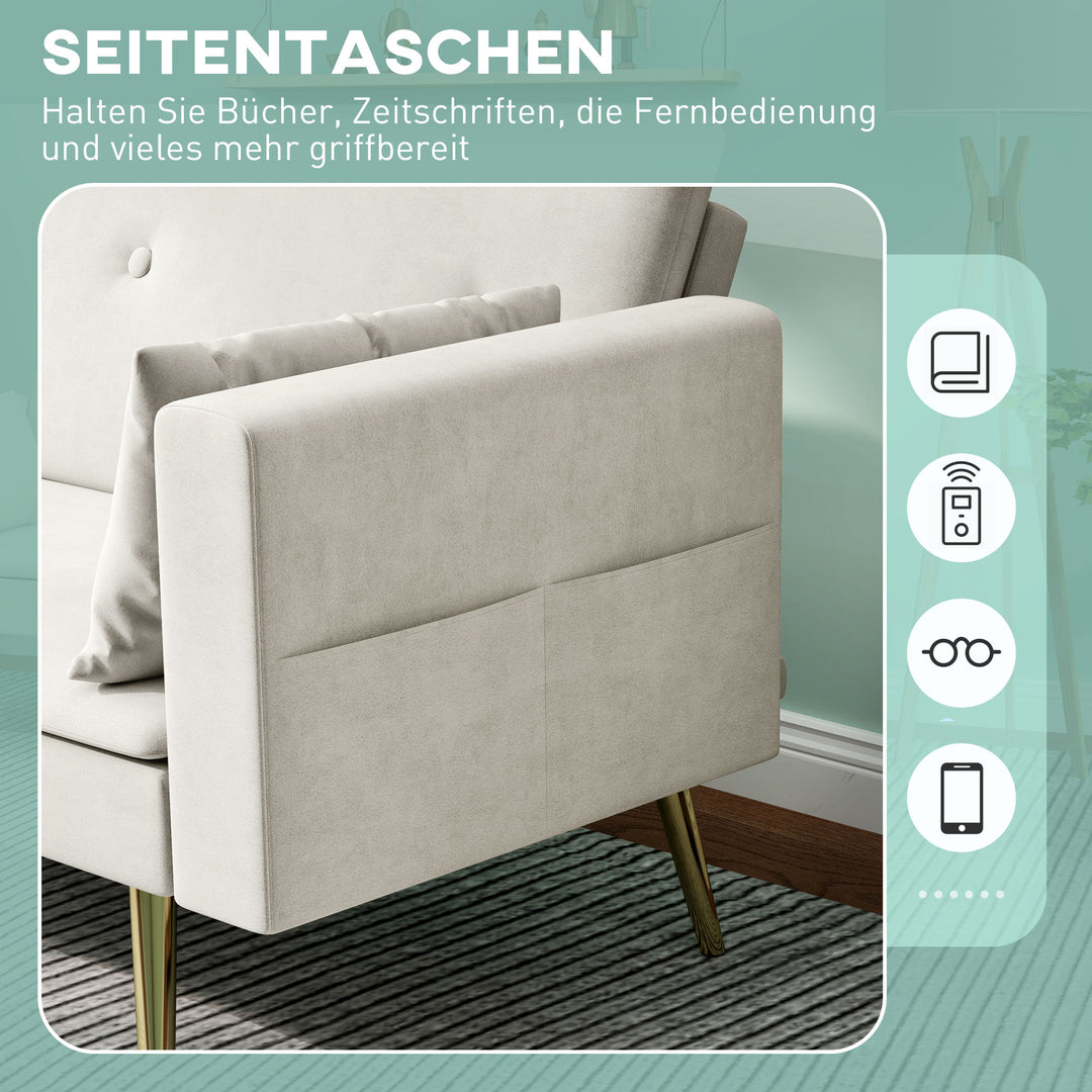 2-Personers sovesofa, justerbar ryglæn, bløde hynder, fløjlsbetræk, til stue, gæsteværelse, beige