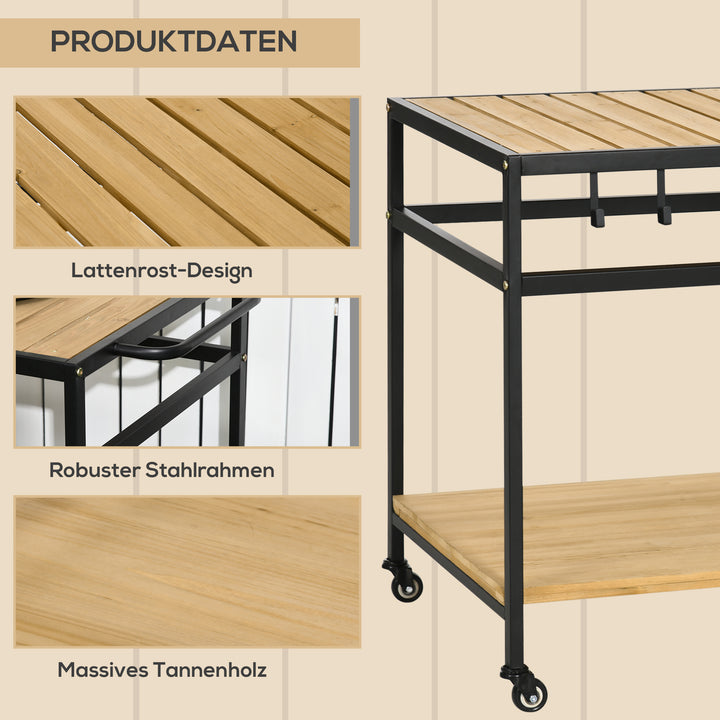 Serveringsvogn i industriel stil, vejrbestandig, 3 kroge, 1 hylde, 107 cm x 65 cm x 80 cm, sort + natur