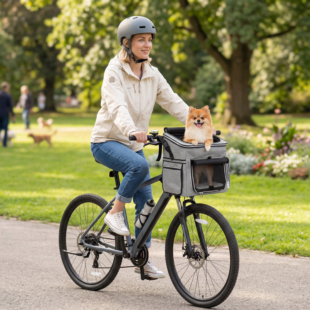 Bærbar frontmonteret hundekurv til cykler, med sikkerhedsline, hynde og skål til små hunde op til 5 kg, lysegrå.