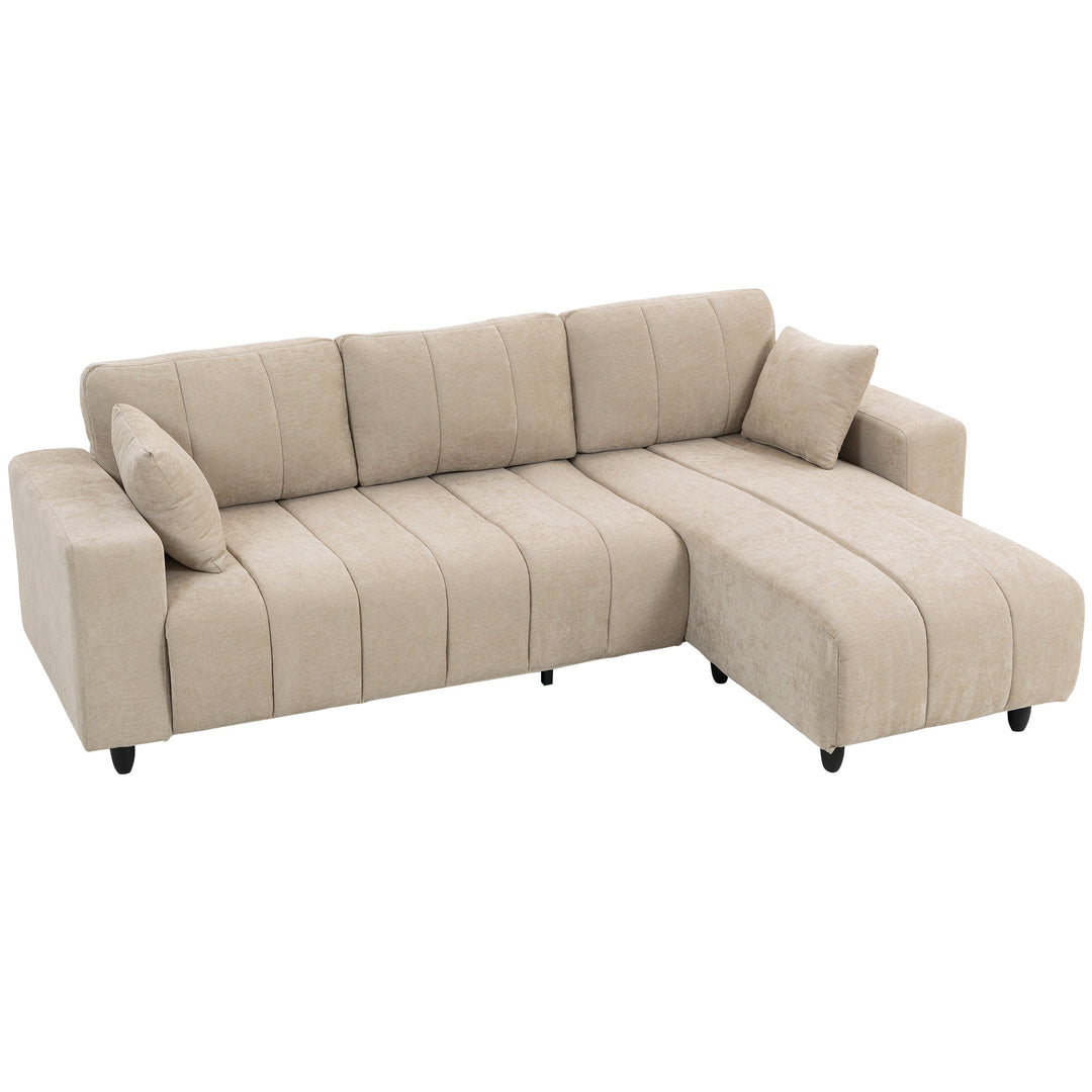 L-formet hjørnesofa med fleksibel chaiselong, 3-personers sofa med 2 hynder, metalstel, til stue, beige