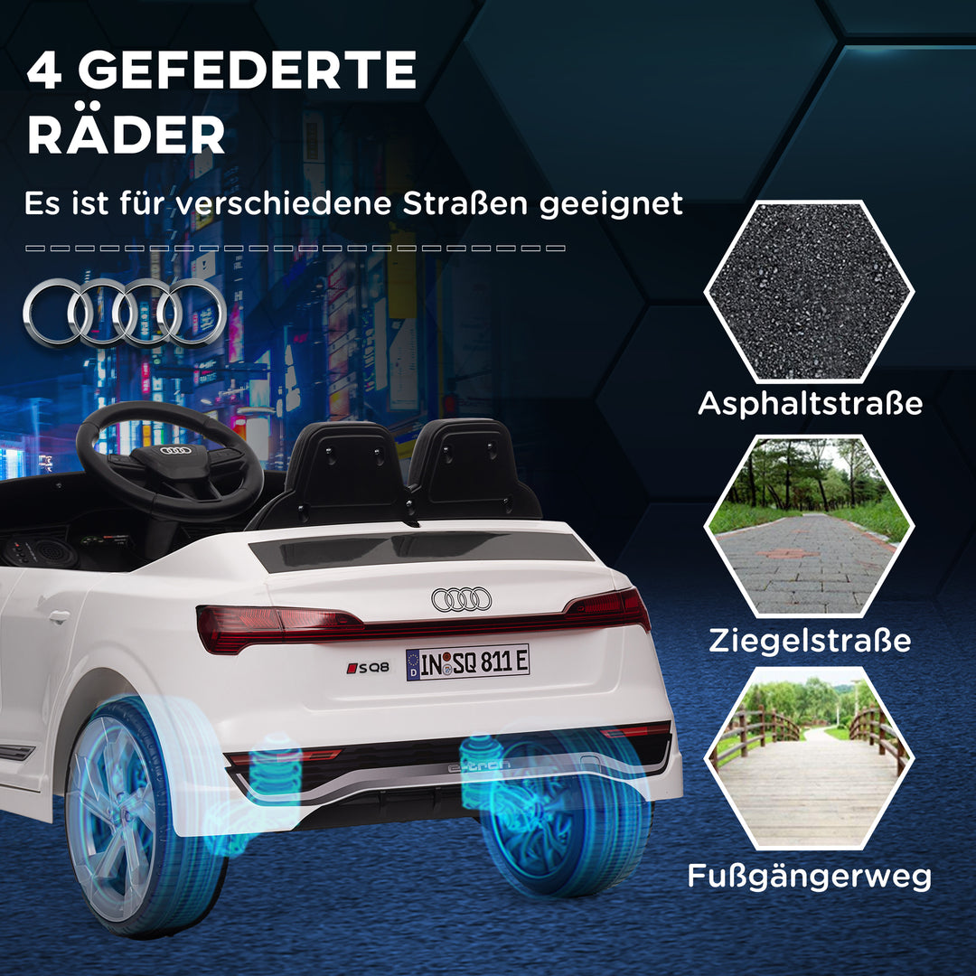 Elektrisk børnebil, 12v audi q8, 3-5 km/t, fjernbetjening, forlygter, musik, hvid