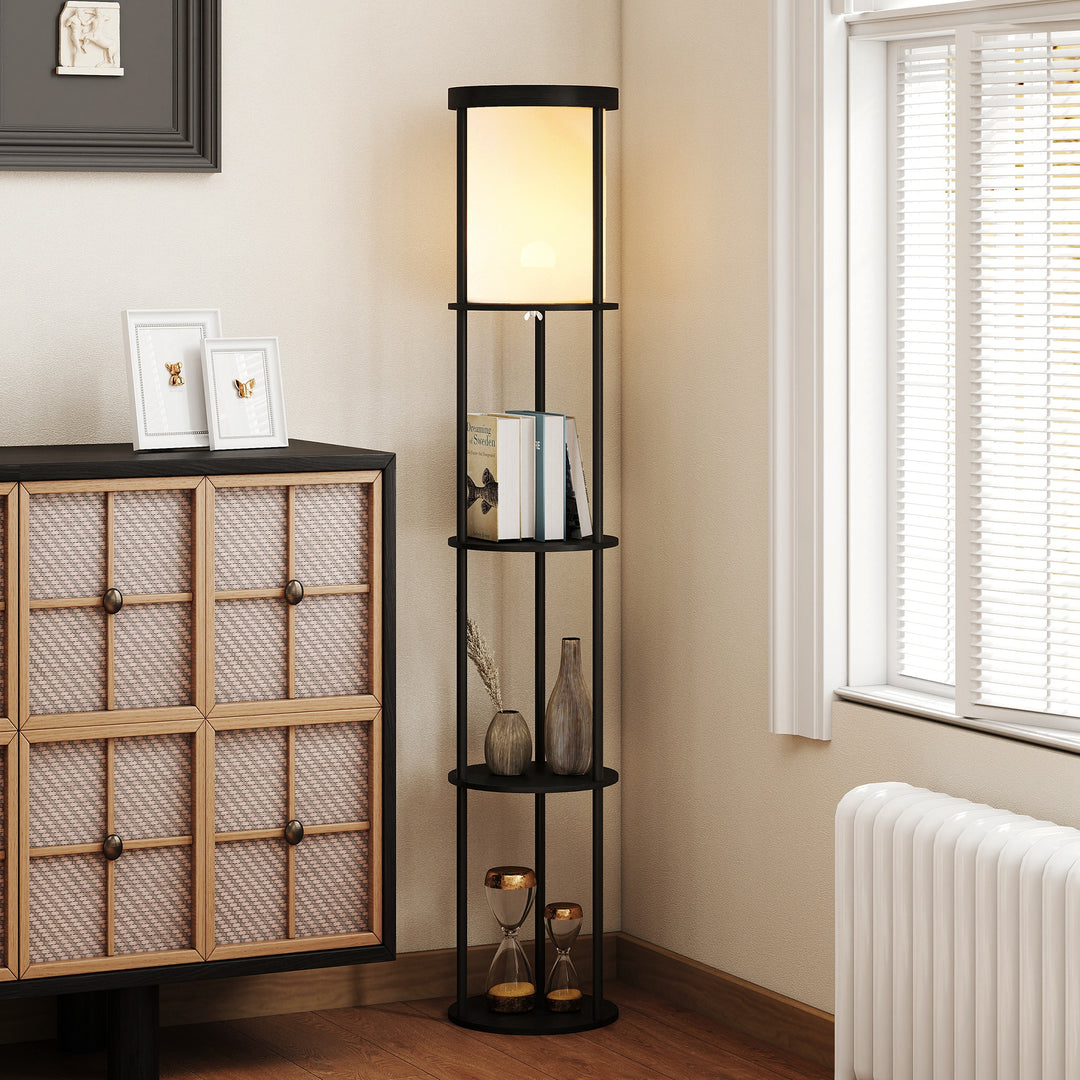 Gulvlampe med 3 hylder, rundt design, fjernbetjening, fodkontakt, justerbar lysvarme, til stue, sort