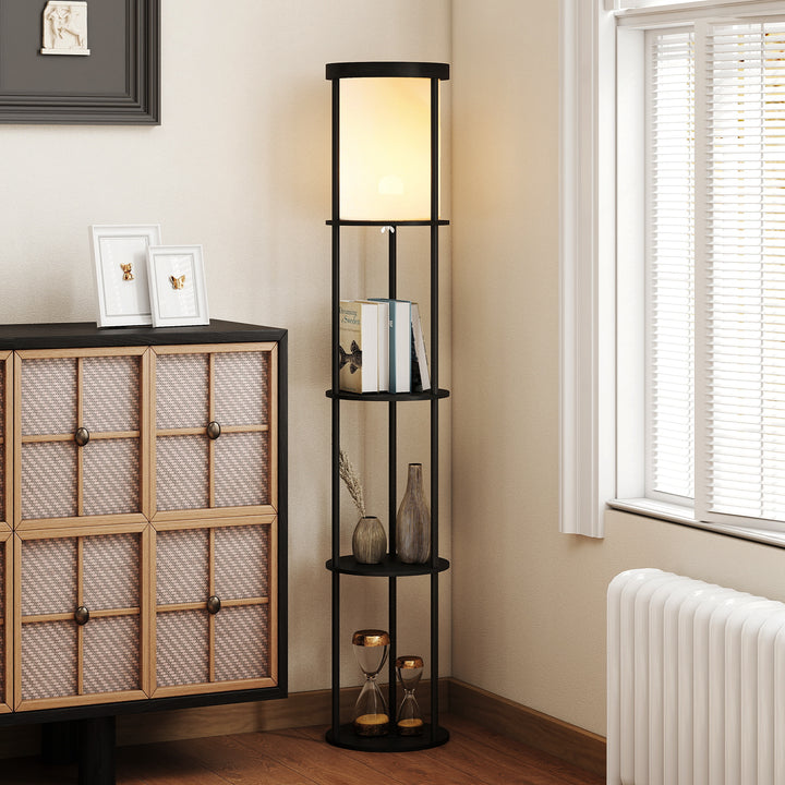Gulvlampe med 3 hylder, rundt design, fjernbetjening, fodkontakt, justerbar lysvarme, til stue, sort