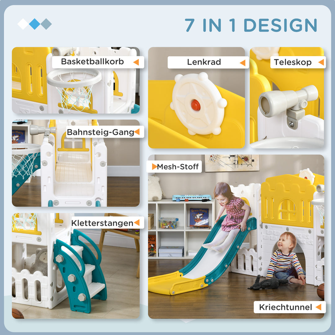 Børnerutsjebane, 7-i-1 legeredskab, med basketball og rat, til 1-3 år, 178 x 177 x 99 cm, gul/hvid/grøn