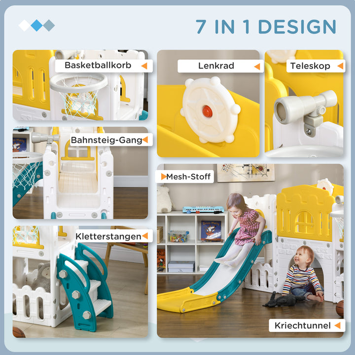 Børnerutsjebane, 7-i-1 legeredskab, med basketball og rat, til 1-3 år, 178 x 177 x 99 cm, gul/hvid/grøn