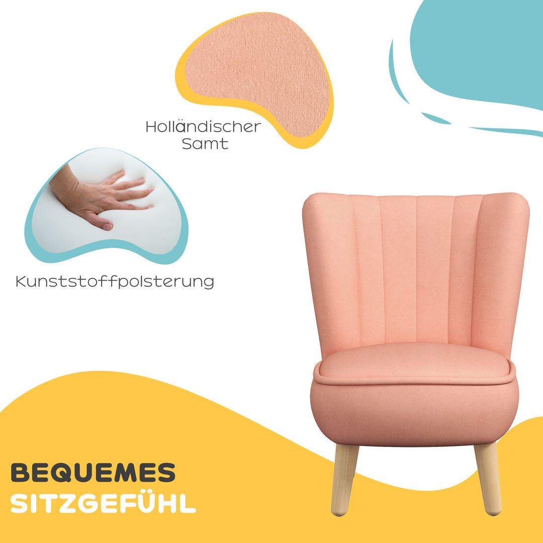 Børnelænestol, fløjlslook, til 3-7 år, op til 45 kg, træramme, 44 x 45 x 56,5 cm, lyserød