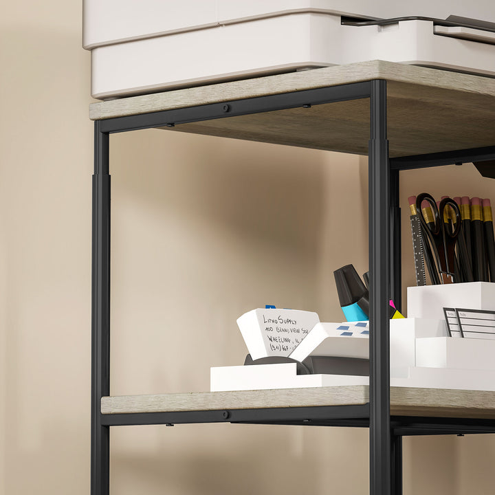 Printerstativ med 3 niveauer, højdejusterbart, mobilt printerbord på hjul, til hjemmekontor, metal og træ