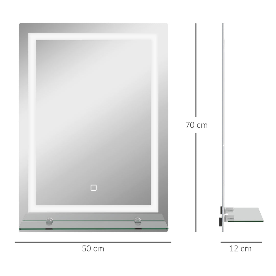 LED badeværelsesspejl, dæmpbart, antidug, touch-afbryder, hylde, 50 x 70 cm, sølv