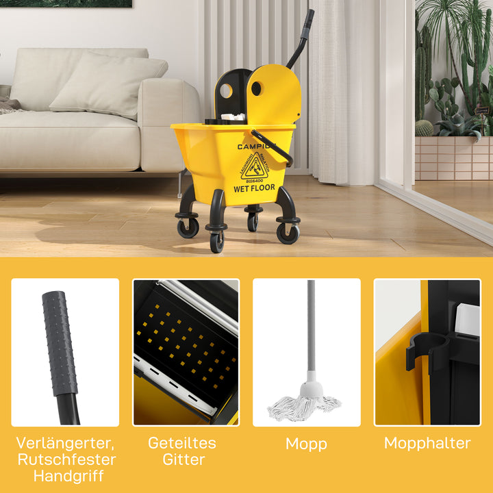 Rullebar moppespand, moppespand med vridemaskine og moppe, 26 liter, gul