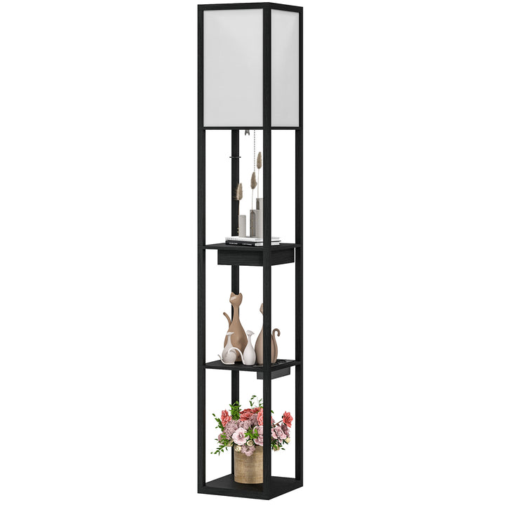 Gulvlampe med 3-lags hylde, fodkontakt, usb-porte, mdf, sort