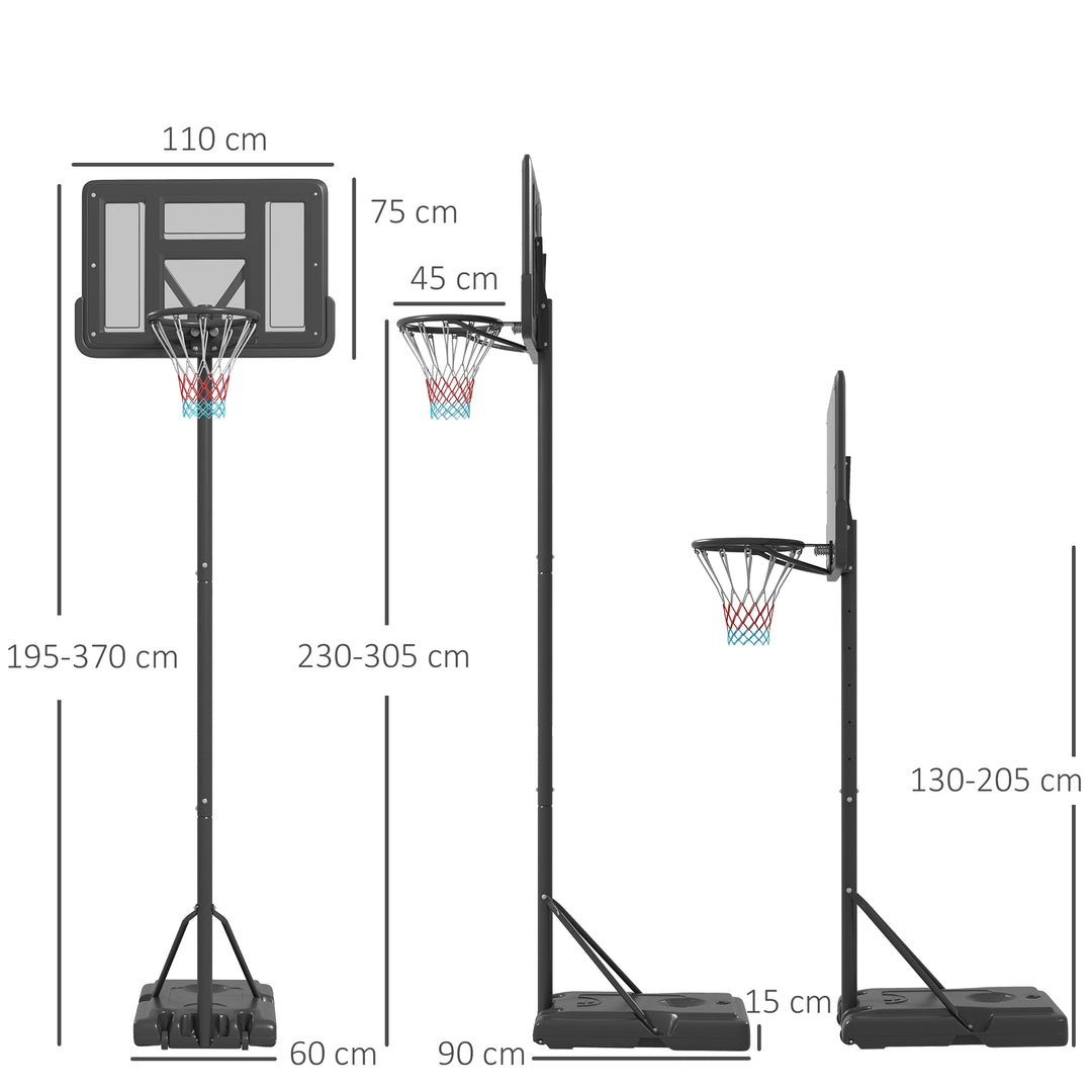 Basketballstativ, udendørs/indendørs, højdejusterbar, med hjul, fyldbar base, basketballhøjde 2,30-3,05 m