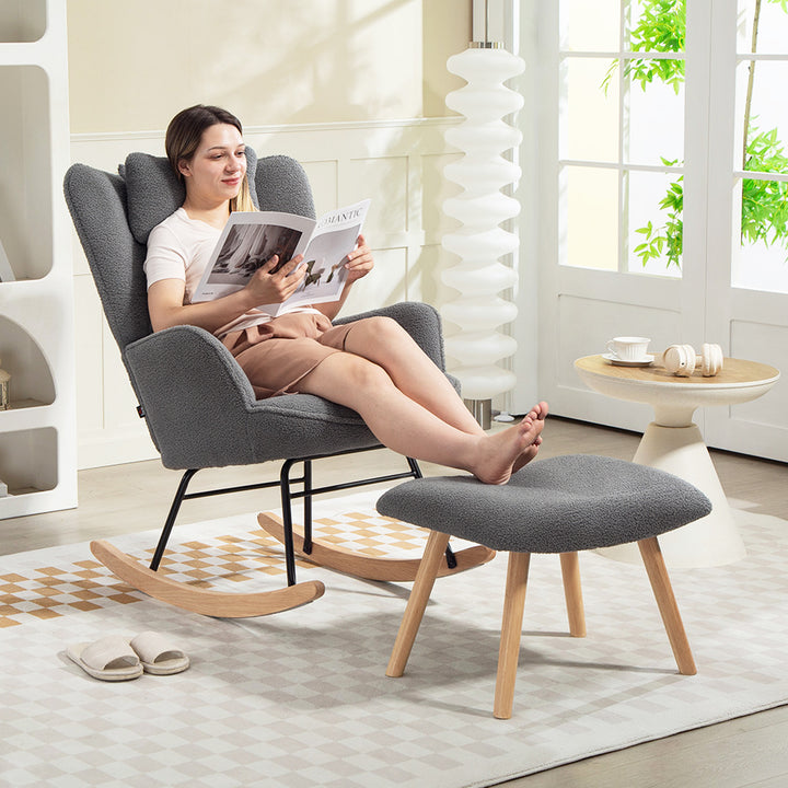 Gyngestol med fodskammel, blødt fleecebetræk, træben, hynde, høj ryg, gyngestol, mørkegrå