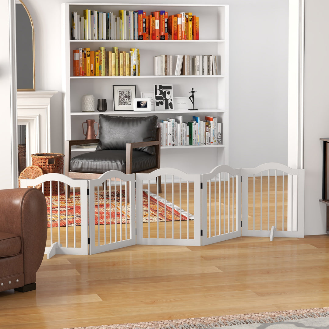 Hundegitter, 5 paneler, foldbar, fleksibel, massivt træ/mdf, 254,5 x 29,5 x 61 cm, hvid