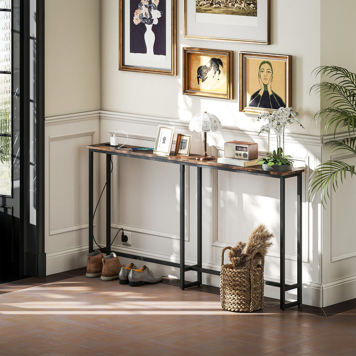 Slankt konsolbord med ladestation, industriel stil, stålstel, brun