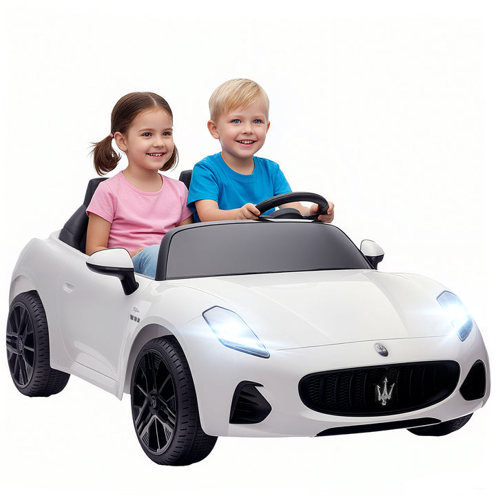 Maserati elbil til børn, 2-personers, 12V batteridrevet, fjernbetjening, LED-lys, musikfunktion, hvid
