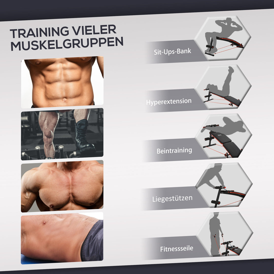 Sit-up bænk, mavetræner med træningsreb, multifunktionel træningsbænk, justerbar og foldbar, 110 kg lasteevne, stål, sort og rød, 137 x 51 x 50-66 cm