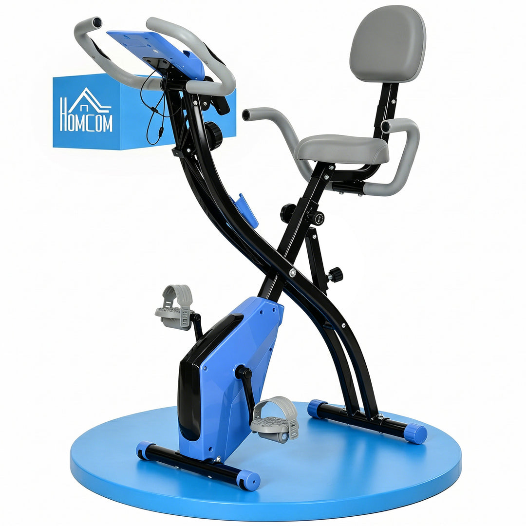 2-i-1 motionscykel med LCD-display, justerbar pulsmåler, sæde og hjul; foldbar motionscykel med 8 niveauer af magnetisk modstand, spændekabel og stålstel.