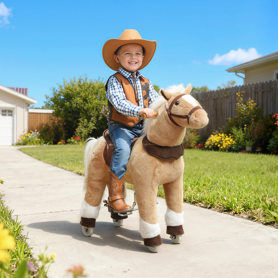 Ridehest med sadel og hjul til børn 3-5 år, 80 cm, brun