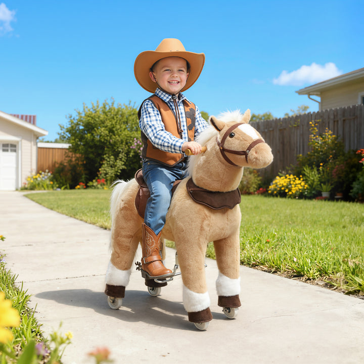 Ridehest med sadel og hjul til børn 3-5 år, 80 cm, brun