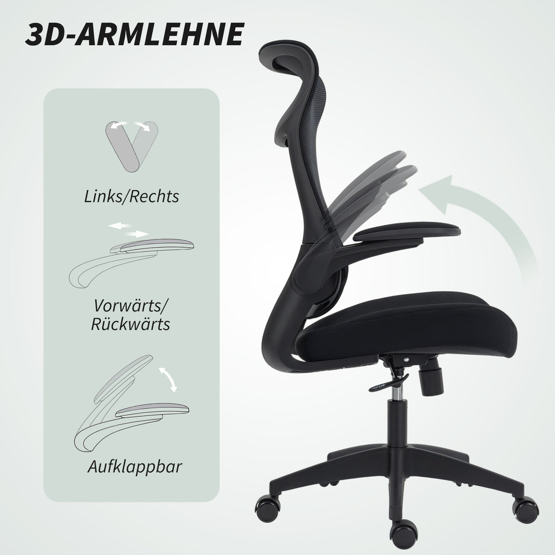 Ergonomisk kontorstol med 3D-armlæn, netryg, S-formet ryglæn, nakkestøtte, vippefunktion, sort