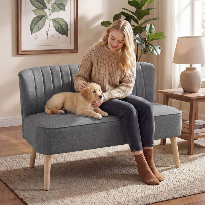 2-personers sofa, polstret sofa med linnedlook, træstel, til stue/soveværelse, 117 cm, grå