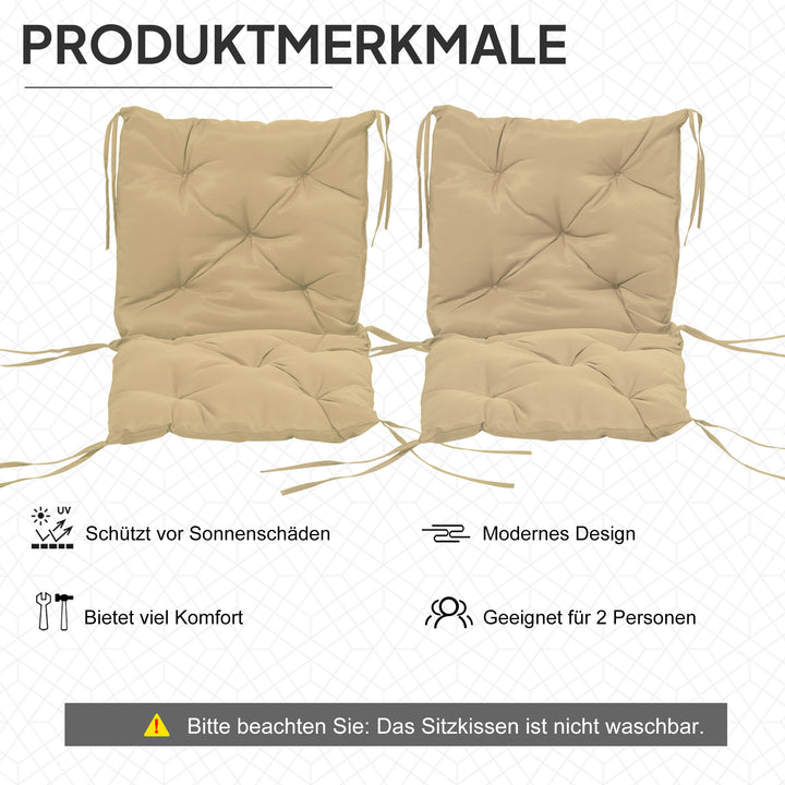 Sæt med 2 siddehynder, 98 x 50 cm stolehynder med bånd, stofbetræk, 8 cm tykke, khaki