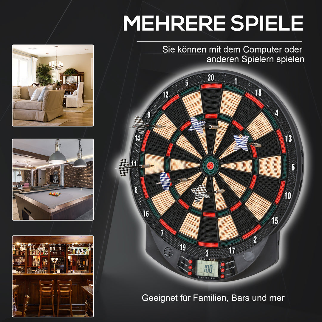 Elektronisk dartskive med automatisk scoring, dartsæt med 6 pile, 30 pilhoveder, 26 spil og 185 scoringsmuligheder til 8 spillere, lydeffekter, sort, 44 x 39,5 x 2,2 cm