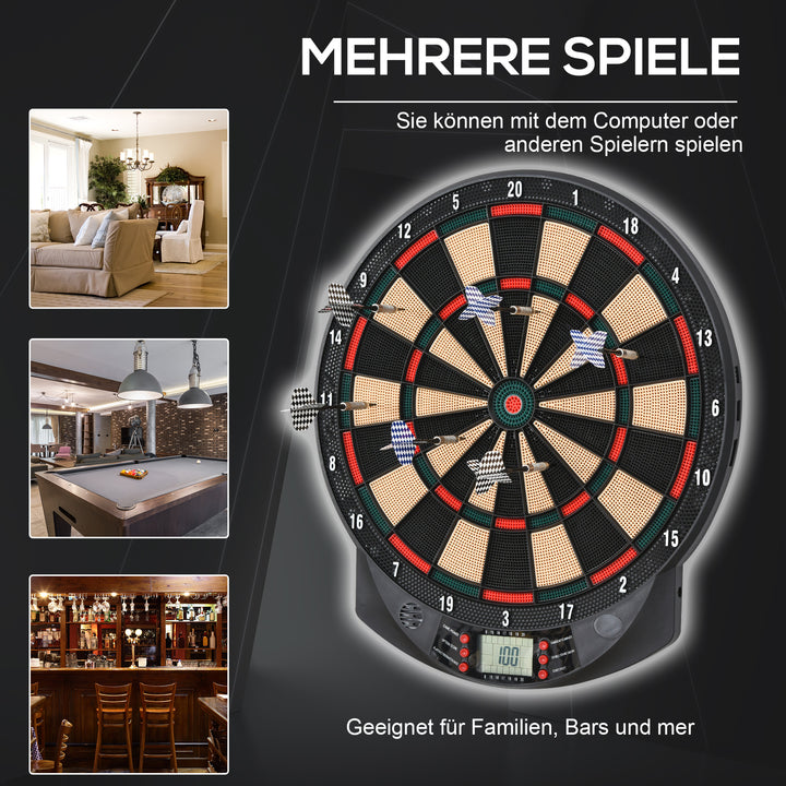 Elektronisk dartskive med automatisk scoring, dartsæt med 6 pile, 30 pilhoveder, 26 spil og 185 scoringsmuligheder til 8 spillere, lydeffekter, sort, 44 x 39,5 x 2,2 cm