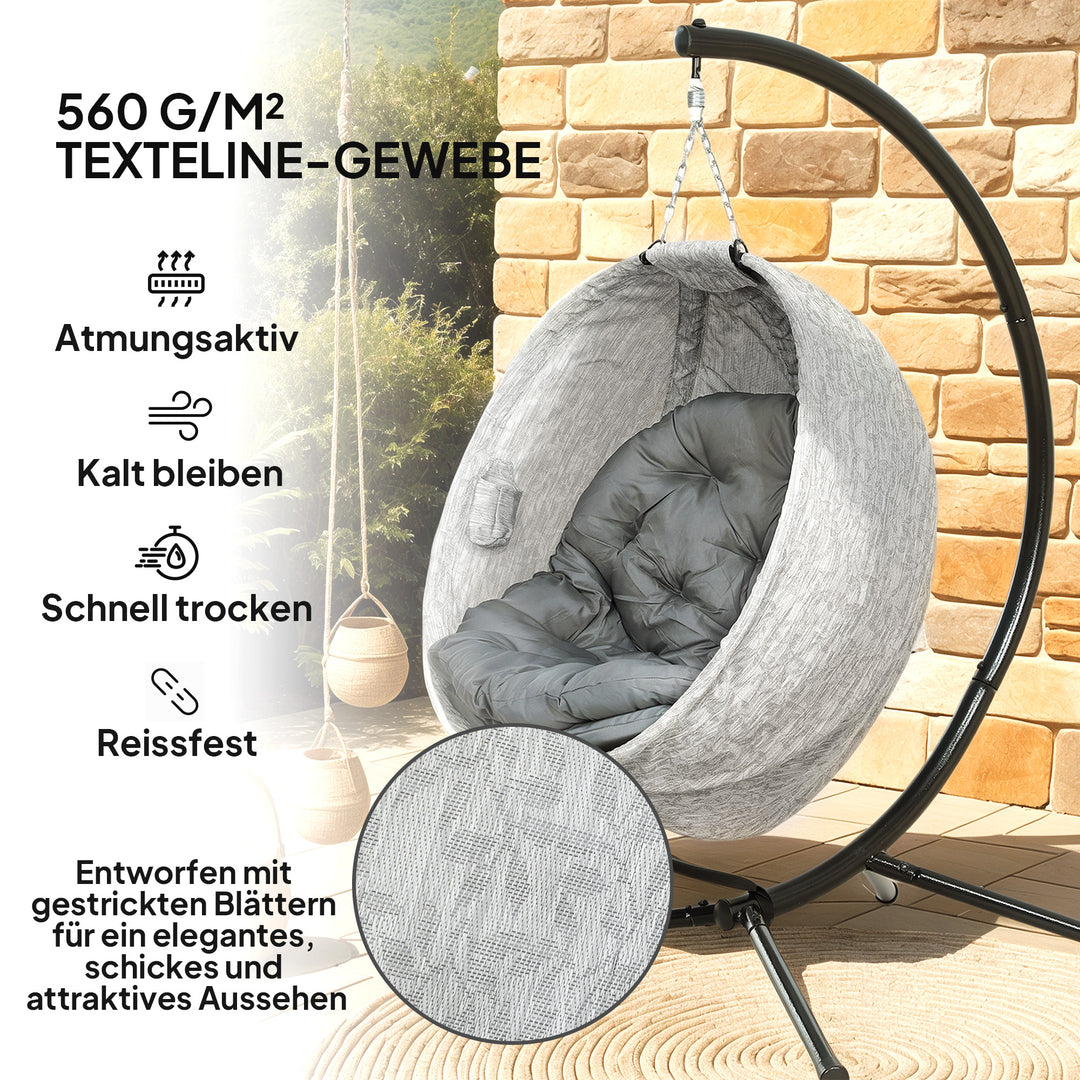 Ægformet hængekurv, hængestol med gyngefunktion og foldbar kurv, havestol, kopholder, grå