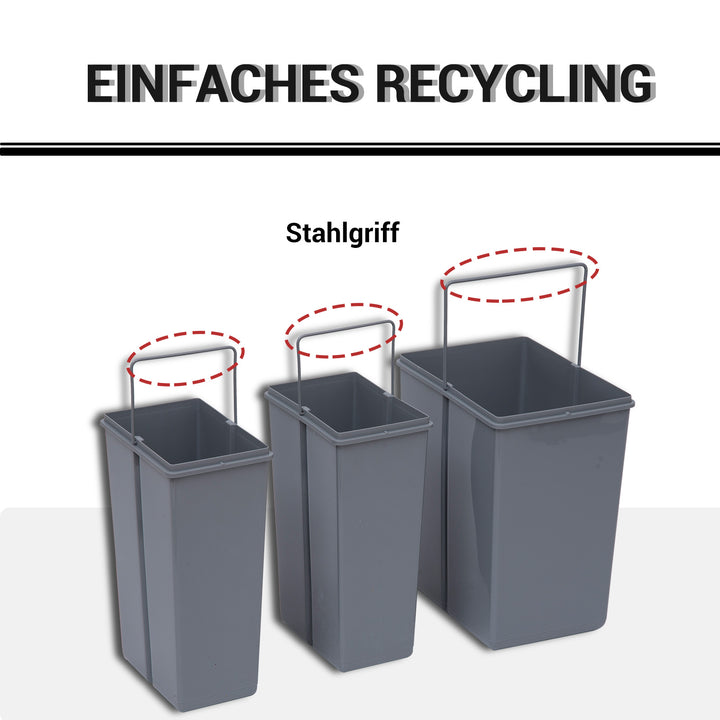 Skraldespandkonstruktion med 3 affaldsbeholdere til affaldssortering, skinnesystem, installerbar, sæt med 3 affaldsbeholdere, grå