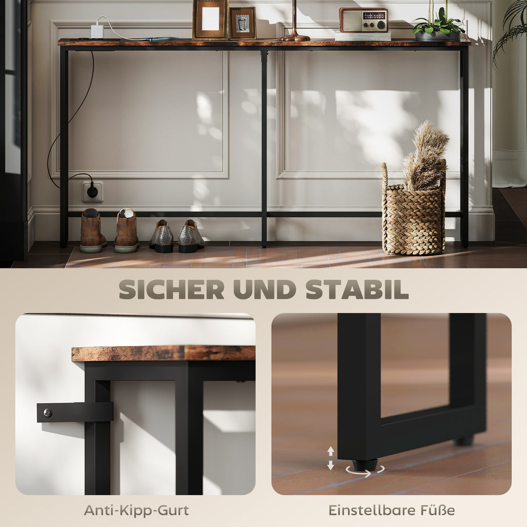 Slankt konsolbord med ladestation, industriel stil, stålstel, brun